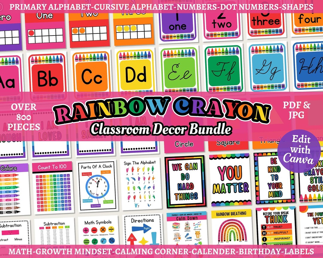 Rainbow Crayons Classroom Decor Bundle, Editable Classroom Bundle