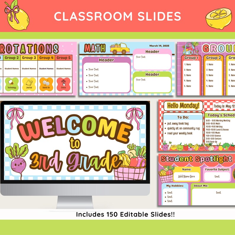 K&ouml;nnte beinhalten: Ein Computermonitor zeigt farbenfrohe Klassenzimmer-Folien mit dem Text "WELCOME to 3rd Grade." Die Folien enthalten Abschnitte f&uuml;r Mathematik, Rotationen und Sch&uuml;ler-Spotlights. Der Text "Includes 150 Editable Slides!!" ist ebenfalls enthalten.