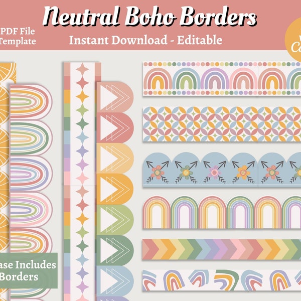 Modern Boho Bulletin Board Boarders, Editable Borders, Canva Template, Teacher Printable, Rainbow Boho Classroom Decor, School Borders