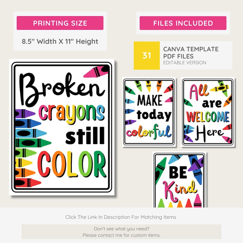 Puede incluir: Un conjunto de letreros coloridos para el aula con ilustraciones de crayones. Los letreros incluyen frases como "Los crayones rotos a&uacute;n dan COLOR", "Haz que hoy sea colorido", "Todos son bienvenidos aqu&iacute;" y "S&eacute; amable". Tama&ntilde;o de impresi&oacute;n: 21,6 cm x 27,9 cm.