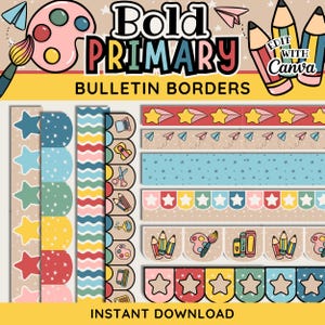 以下が含まれることがあります： 星、鉛筆、絵の具パレット、紙飛行機などの学校をテーマにしたイラストが描かれたデジタル掲示板用ボーダーのコレクション。波線、スカラップエッジ、カラフルなパターンが特徴で、教室の装飾に適したデザインです。