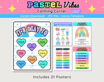 Pastel Calming Corner Posters: Breathing Techniques, Growth Mindset (Editable, Digital Download)