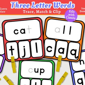Palavras visuais de três letras combinam e prendem, atividade de palavras visuais para impressão no jardim de infância, atividade pré-escolar, jogo de ortografia