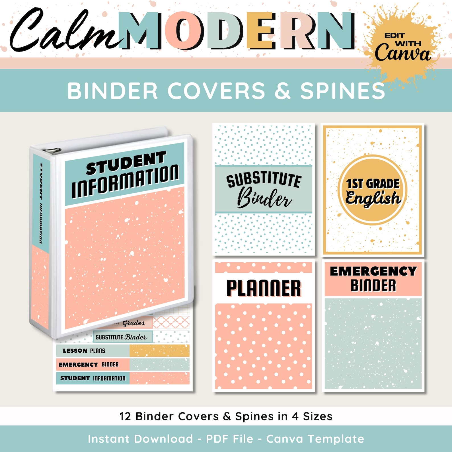 Calm Modern Binder Covers and Spines, Printable & Editable Teacher ...