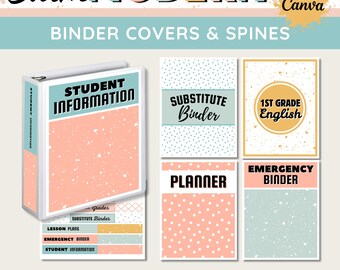 May include: Twelve printable binder covers and spines in four sizes. The covers feature a variety of designs, including polka dots, a student information design, a substitute binder design, a planner design, and a first grade English design. The spines feature a variety of designs, including a substitute binder design, a lesson plans design, an emergency binder design, and a student information design. The covers and spines are designed in a calm modern style with a pastel color palette.