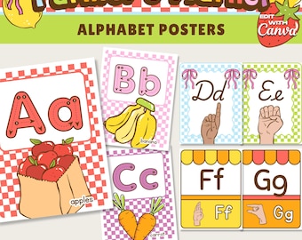 Könnte beinhalten: Bunte Alphabet-Poster mit dem Thema Bauernmarkt. Jedes Poster zeigt einen Buchstaben, eine passende Illustration und das Wort für die Illustration. Enthält den Text "Farmer's Market", "Alphabet Posters" und "Instant Download - PDF File - Canva Template".