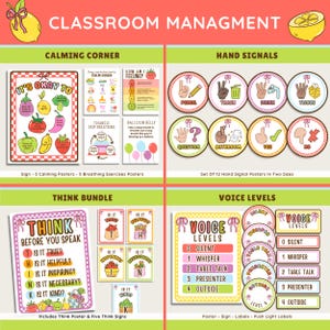 K&ouml;nnte beinhalten: Ein Klassenzimmer-Management-Set mit Postern und Schildern. Enth&auml;lt ein Poster f&uuml;r die beruhigende Ecke, Handzeichen-Poster, ein Denk-Bundle und Sprachpegel-Diagramme. Die Poster zeigen farbenfrohe Illustrationen und Text.