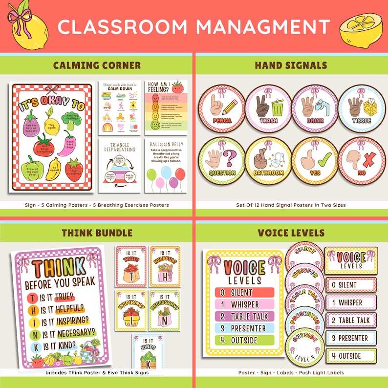 K&ouml;nnte beinhalten: Ein Klassenzimmer-Management-Set mit Postern und Schildern. Enth&auml;lt ein Poster f&uuml;r die beruhigende Ecke, Handzeichen-Poster, ein Denk-Bundle und Sprachpegel-Diagramme. Die Poster zeigen farbenfrohe Illustrationen und Text.