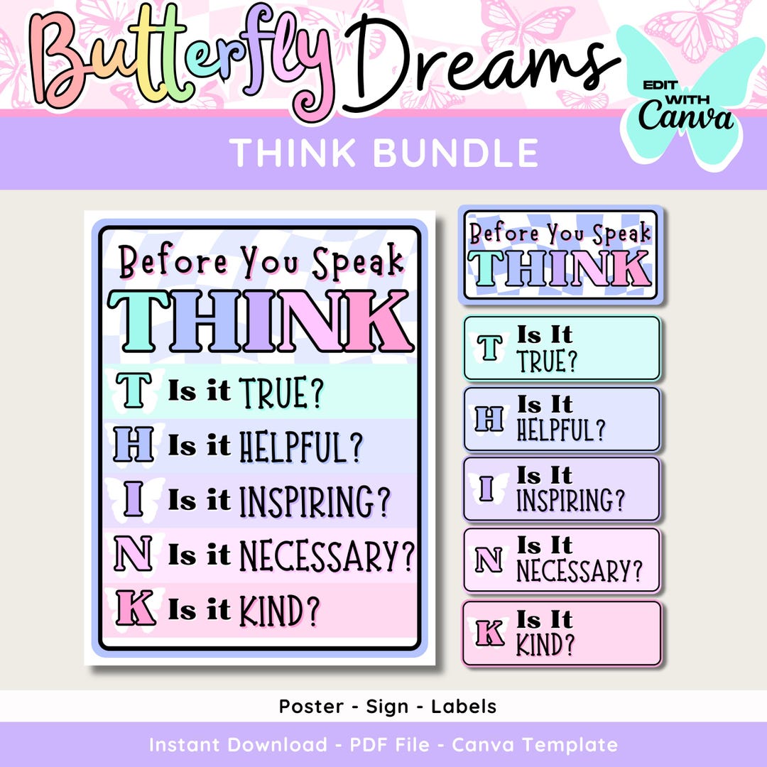 Pastel Butterfly THINK Poster Bundle: Classroom Decor (canva Template ...