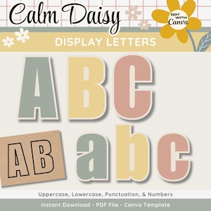 Boho Printable Bulletin Board Letters, Editable A-Z Display Letters, Neutral Calm Daisy Classroom Decor, Teacher Canva Template