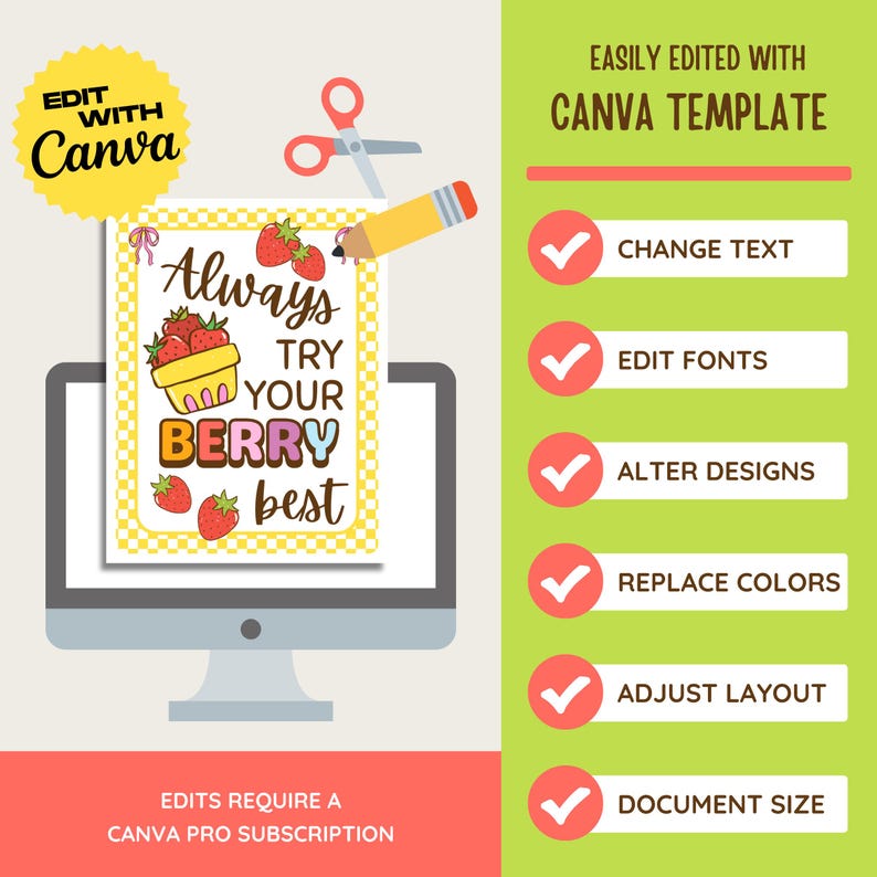 K&ouml;nnte beinhalten: Ein Computermonitor zeigt eine Canva-Vorlage mit dem Text "Always try your berry best" und Erdbeer-Illustrationen. Das Bild enth&auml;lt einen gelben Kreis mit "Edit with Canva" und eine gr&uuml;ne Seitenleiste mit Bearbeitungsoptionen.