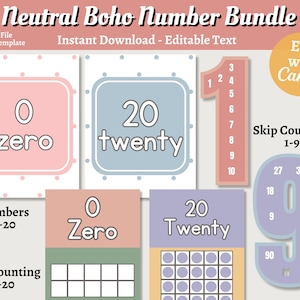 Neutral Boho Number Bundle, Editable Boho Classroom Decor, Canva Templates Teacher Printable, Skip Counting, Ten Frame Number Posters