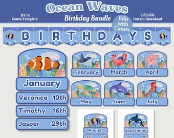Ocean Theme Birthday Bundle, Printable & Editable Classroom Birthday Sign and Labels, Instant Download, Canva Template