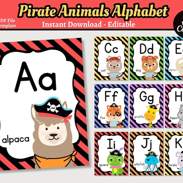 Pirate Animals Alphabet, Editable A-Z Posters, Pirate Classroom Decor, Instant Download, Preschool Alphabet Printable, Canva Template