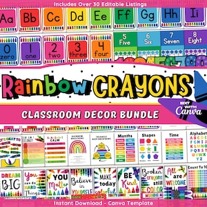 Rainbow Crayons Classroom Decor Bundle, Editable Teacher Decor, Rainbow Classroom Theme, School Displays, Instant Download, Canva Template