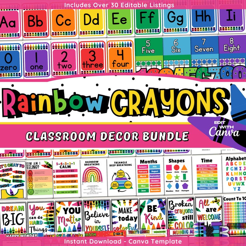 Puede incluir: Un paquete de decoraci&oacute;n para el aula con coloridas tablas de alfabeto, n&uacute;meros y formas. La imagen incluye el texto "Rainbow Crayons" y "Classroom Decor Bundle". El paquete incluye m&aacute;s de 30 listados editables.