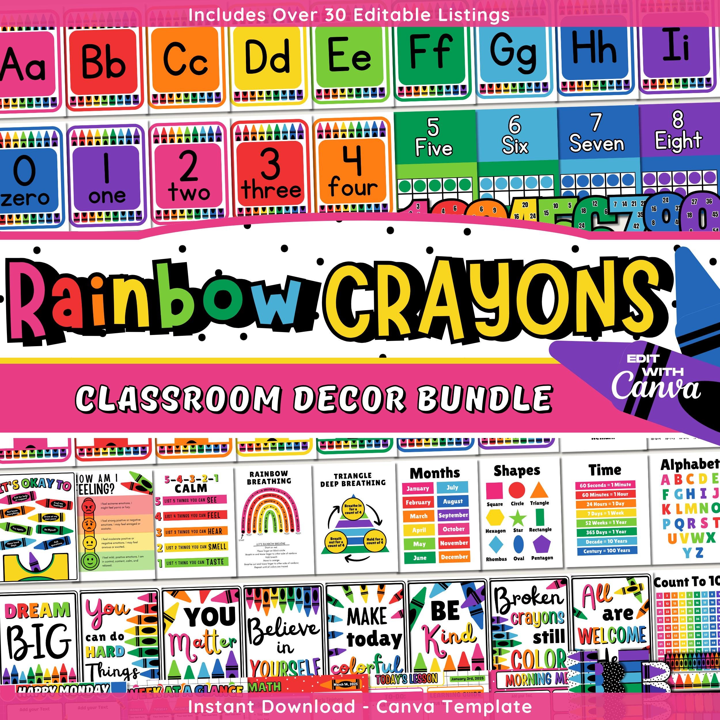 Rainbow Crayons Classroom Decor Bundle, Editable Teacher Decor, Rainbow Classroom Theme, School Displays, Instant Download, Canva Template