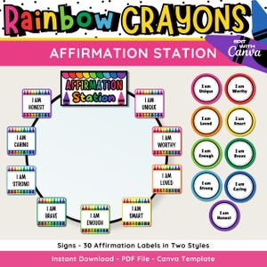 May include: A set of 30 affirmation labels in two styles, featuring rainbow crayon designs. The labels include positive affirmations such as "I am strong", "I am loved", and "I am unique". The labels are perfect for creating an affirmation station in a classroom or home.