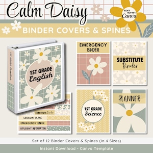 Capas e lombadas de fichário estilo Boho para impressão, capas de fichário editáveis para professores, decoração de sala de aula com margaridas neutras e calmas, modelo Canva para professores