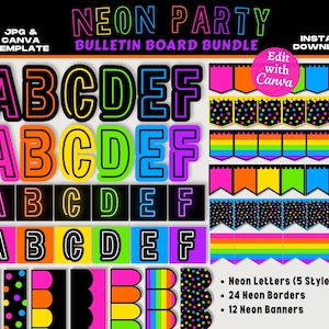 Bulletinboardkit voor neonfeest: bewerkbare letters, randen, banners (canvasjabloon)
