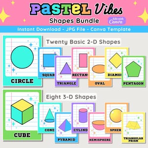 Pode incluir: Um conjunto de 28 flashcards coloridas com formas geométricas básicas em 2D e 3D. As flashcards têm um esquema de cores pastel e são etiquetadas com o nome de cada forma. O texto "PASTEL Vibes Shapes Bundle" está no topo da imagem.