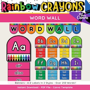 Rainbow Crayons Word Wall Kit, Sight Words Display, Printable & Editable Word Wall, Instant Download, Rainbow Classroom Decor Theme