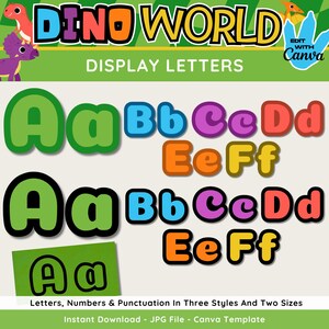May include: Colorful Dino World display letters in various styles and sizes. The image features the letters Aa, Bb, Cc, Dd, Ee, and Ff in green, blue, purple, red, and yellow. The text "DISPLAY LETTERS" is also visible.