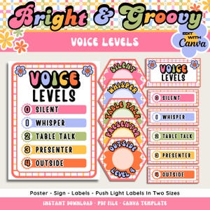 以下が含まれることがあります： 「Bright & Groovy」と「Voice Levels」のテキストが入ったカラフルな教育用ポスター。サイレント、ウィスパー、テーブルトーク、プレゼンター、アウトサイドの音声レベルのラベルが含まれています。デザインは花柄とレトロな美学が特徴です。