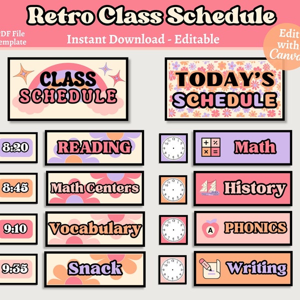 Retro Class Schedule Bundle, Editable Classroom Schedule Display, Schedule Activity & Clock Labels, Instant Download, Teacher Canva Template