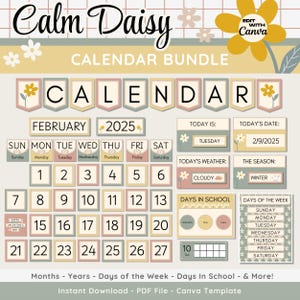 Può includere: Un set di calendari stampabili a tema floreale. Il calendario presenta una tavolozza di colori pastello con accenti gialli, rosa e verdi. Il testo "Calm Daisy Calendar Bundle" è in cima all'immagine. Il calendario è per febbraio 2025 e include i giorni della settimana, i giorni di scuola e i giorni della settimana.