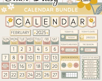 Boho Daisy Classroom Calendar Bundle: Printable Decor (Canva Template)