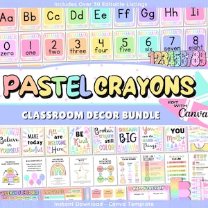 Pastel Rainbow Crayon Classroom Decor Kit: Editable Teacher Theme (Canva Template Digital Download