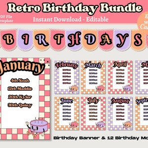 Retro Birthday Bundle, Editable Classroom Birthdays Display, Printable Birthday Bulletin Board, Instant Download, Teacher Canva Template