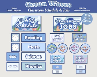 Ocean Theme Classroom Schedule and Jobs Display, Printable & Editable Class Schedule and Classroom Jobs, Instant Download, Canva Template