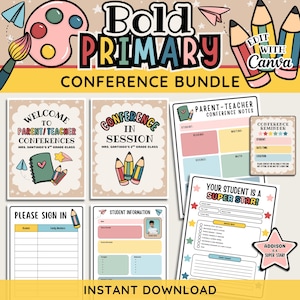 Puede incluir: Un paquete digital de conferencias para docentes que incluye carteles y formularios imprimibles con ilustraciones de lápices y materiales de arte. El texto incluye Bold Primary Conference Bundle, Welcome to Parent/Teacher Conferences, Conference in Session, Parent-Teacher Conference Notes, Please Sign In, Student Information y Your Student is a Super Star.