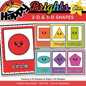 Pode incluir: Uma ilustração educativa colorida com várias formas 2D, como círculos, quadrados e triângulos, cada uma com um rosto sorridente. O texto "Happy Brights" e "2-D & 3-D SHAPES" são exibidos no topo. A imagem é para fins educacionais.