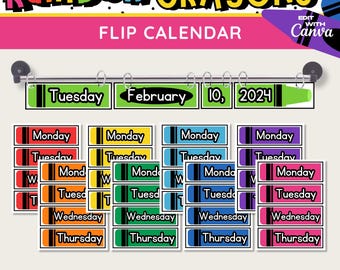Calendario de crayones arcoíris: Decoración imprimible para el aula (Plantilla de Canva, descarga instantánea)