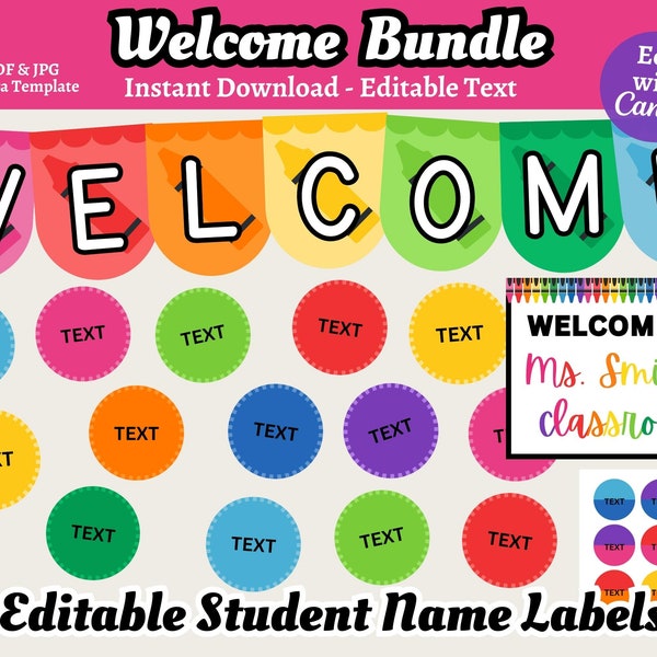 Rainbow Crayons Welcome Bundle, Editable Classroom Decor, Canva Templates, Teacher Resources, Rainbow Classroom Theme Welcome Banner Labels