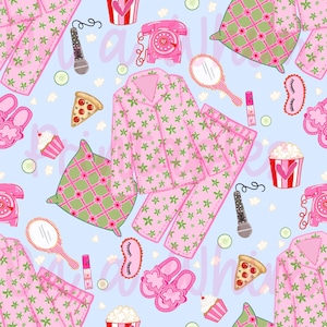 May include: A repeating pattern of pink pajamas with green floral accents, pizza slices, cupcakes, popcorn, pink slippers, and a pink rotary phone on a light blue background. Other items include a microphone, mirror, and sleep mask.