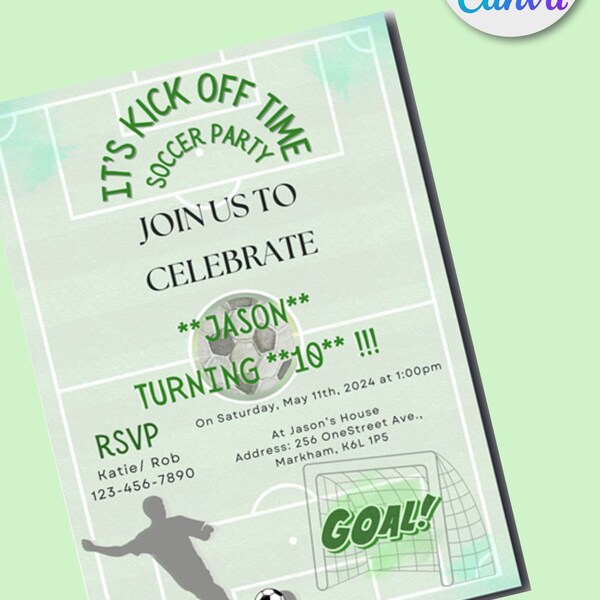 Soccer Birthday Invitation Digital, Soccer Party Invite, Football Birthday invite, Editable Canva Template, It's kick off time