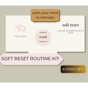 Può includere: Un set di otto stampe con una palette di colori tenui. Le stampe includono testo come "calma la tua mente in pochi minuti", "soft reset" e "soft is strong". Le stampe fanno parte di un "Soft Reset Routine Kit".
