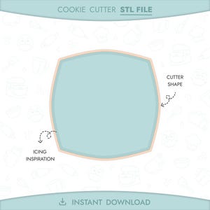 May include: A digital design for a cookie cutter, featuring a rounded square shape with a light blue interior and a peach-colored border. Text includes "Cookie Cutter STL File" and "Instant Download."