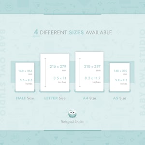 4 different sizes available:
- Half Letter Size (5.5 × 8.5 inches / 140 × 216 mm)
- US Letter Size (8.5 x 11 inches / 216 x 279 mm)
- A4 Size (8.3 x 11.7 inches / 210 x 297 mm)
- A5 Size (5.8 x 8.3 inches / 148 x 210 mm)