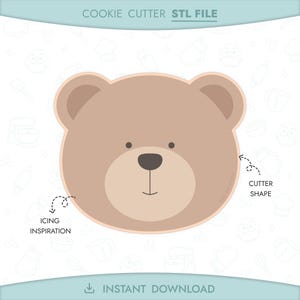 Könnte beinhalten: Ein hellbraunes Teddybär-Gesicht-Ausstecher-Design. Das Bild enthält den Text "COOKIE CUTTER STL FILE", "ICING INSPIRATION", "CUTTER SHAPE" und "INSTANT DOWNLOAD". Der Bär hat eine dunkelbraune Nase und kleine schwarze Augen.