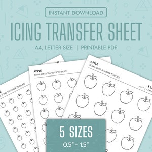 Op de afbeelding: Printbare PDF-bladen met vijf verschillende maten appelomtrekken voor royal icing transfer. De maten variëren van 0,5 inch tot 1,5 inch. De bladen zijn gelabeld "Apple Royal Icing Transfer Template".