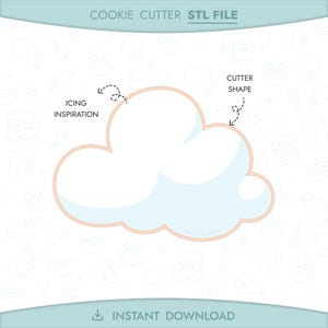 Könnte beinhalten: Ein Wolkenförmiges Ausstecher-Design mit dem Text "Cookie Cutter STL File" oben. Das Bild enthält die Wörter "Icing Inspiration" und "Cutter Shape" mit Pfeilen, die auf die Wolke zeigen. Der untere Teil des Bildes zeigt "Instant Download".