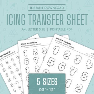 Hojas de transferencia de números para globos y glaseado real, plantillas imprimibles de números para glaseado real, plantillas de transferencia para decoración de galletas con globos y números en PDF