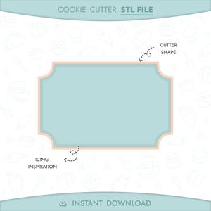 May include: A rectangular cookie cutter STL file with rounded, scalloped corners. The design features a light blue center labeled as icing inspiration and a peach-colored border labeled as the cutter shape. Text includes COOKIE CUTTER STL FILE and INSTANT DOWNLOAD.