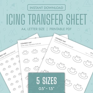 May include: Printable PDF sheets with five sizes of cowboy hat outlines for royal icing transfer templates. The sizes range from 0.5 inches to 1.5 inches. The largest size is labelled "X Large" and measures 1.5 inches or 3.81 cm.
