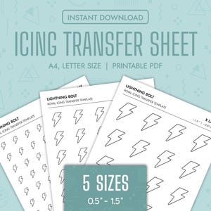 Puede incluir: Cinco hojas imprimibles con diferentes tamaños de diseños de rayos para la transferencia de glaseado real. Los tamaños van de 0,5 pulgadas a 1,5 pulgadas. Las hojas están etiquetadas como "Lightning Bolt" y "Royal Icing Transfer Template".
